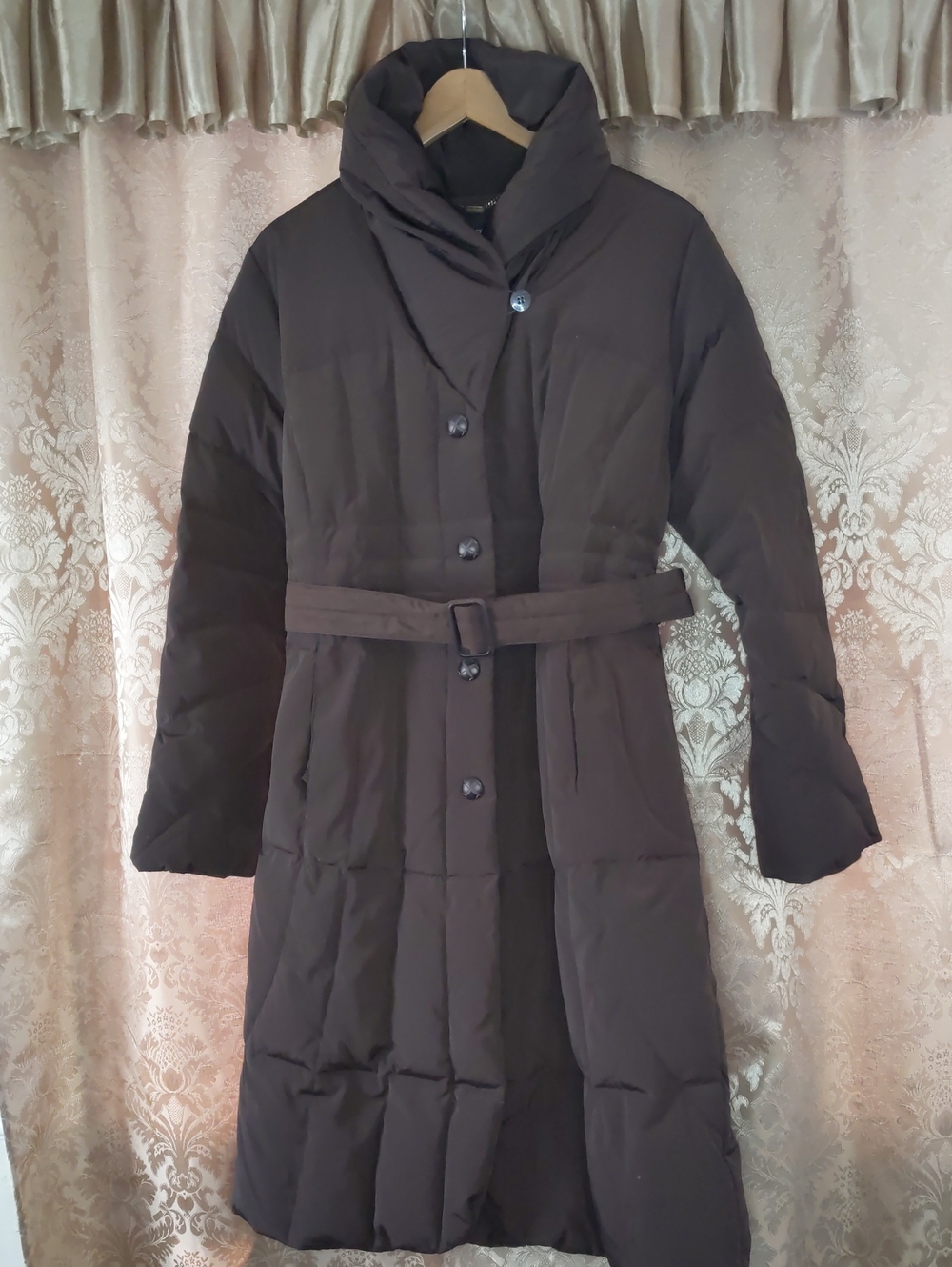 Women’s Long Belted Down Coat - Dark Brown + Free Gift